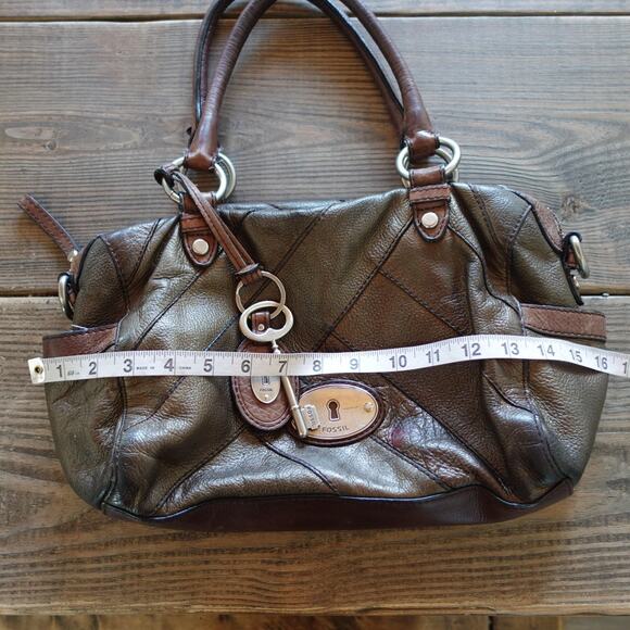 Vintage Fossil Handbag Leather Brown Patchwork Stitch Satchel Keyhole Boho 90s - Picture 8 of 15
